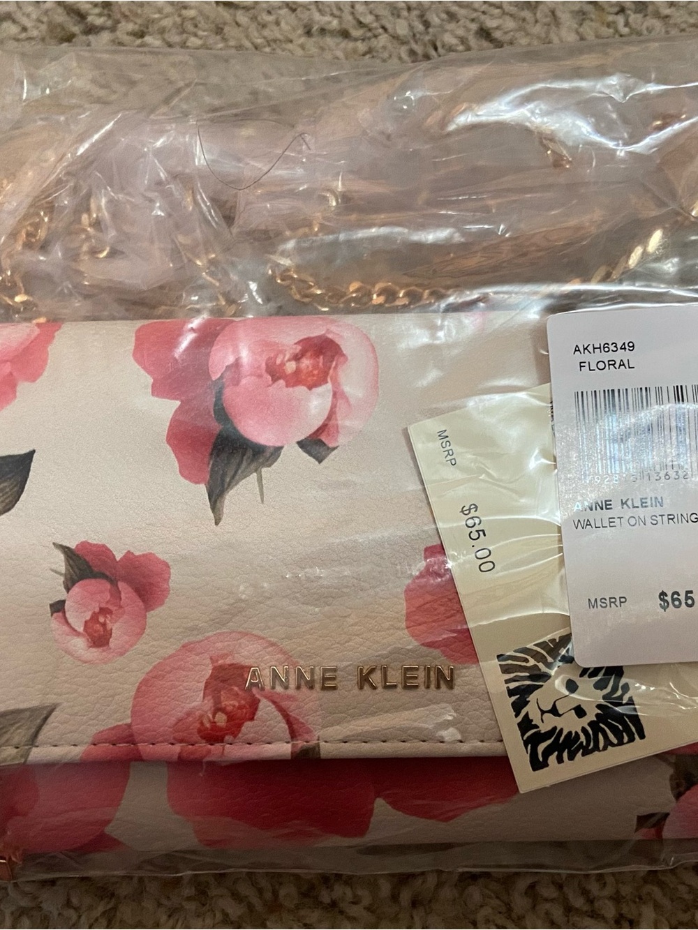 Anne Klein Cream Wallet with Pink Floral Print and Gold Logo